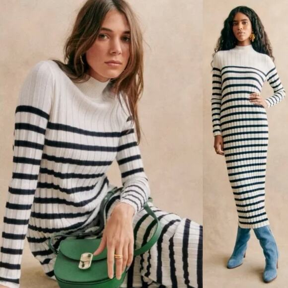 Sezane | Katrina Dress Knit Ribbed Ecru Navy Cream Striped Knit Sweater Dress XL - Picture 2 of 12